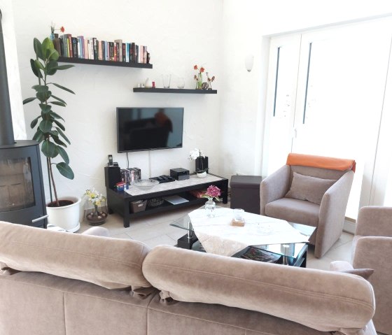 Wohnzimmer mit einer braunen Couch und passenden Sesseln, welche zu einem Fernseher an der Wand zeigen. Daneben ein Kamin und B&uuml;cherregale an der Wand.