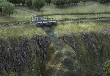Visualisatie van de vorming van de Dreimühlen waterval met de loop van de rivier onder een brug door het dal in.