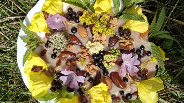 A beautiful plate with a colorful arrangement of edible flowers, nuts, and fruits. The combination of yellow flowers, almonds, and dried fruits is appealing and beautifully decorated.
