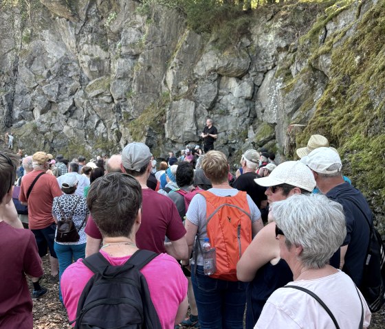 Zahlreiche Wanderer vor einer massiven Steinwand. Der Tourguide erz&auml;hlt &uuml;ber die geologischen Gegebenheiten vor Ort.