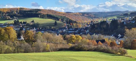 Panorama von Stadtkyll mit Hügeln und Herbstbäumen.