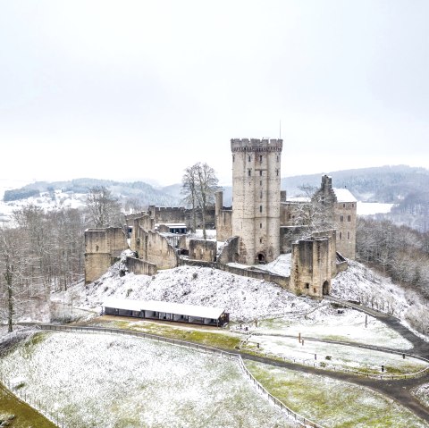 Eine massive Burg mit mehreren Türmen steht auf einer Felserhebung mitten in einer weitläufigen Wald- und Wiesenlandschaft im Winter. Die freien Wiesen sind leicht mit Schnee bedeckt.