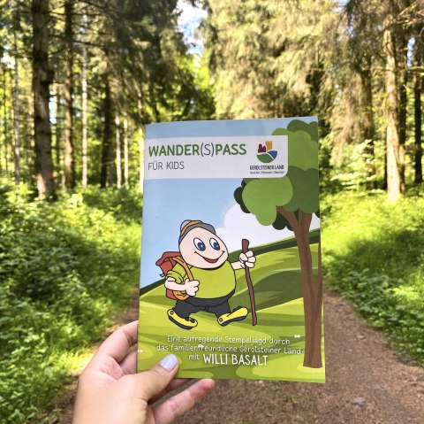 Das Prospekt &quot;Wander(S)pass für Kids&quot; wird hochgehalten mit einem dichten Wald und Waldweg im Hintergrund.