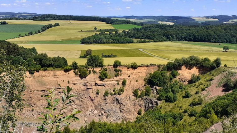 Paysage avec des champs, des arbres et une pente sous un ciel bleu.
