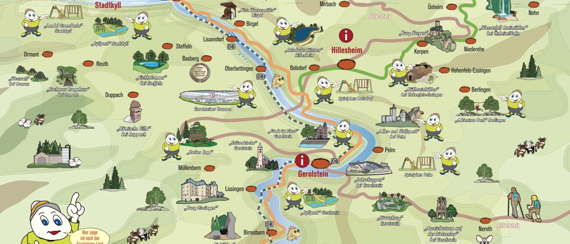 Bunt illustrierte Karte der Ferienregion Gerolsteiner Land mit sehenswerten Highlights der Region und Standorten des Maskottchens &quot;Willi Basalt&quot;.