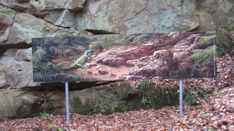 Felswand im Wald mit laubbedeckten Boden mit einer wagerechten Tafel davor, die ein Dinosaurier zeigt.