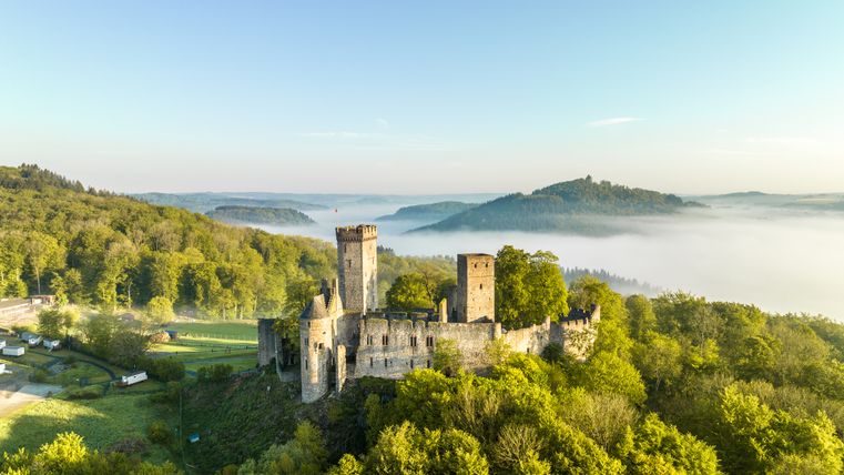 Luftaufnahme der Kasselburg in Pelm, umgeben von grünen Wäldern und Nebel in der Ferne.