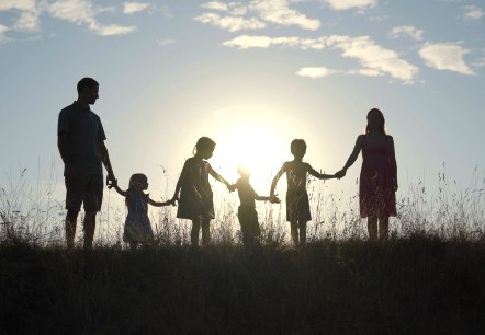 Eine sechsk&ouml;pfige Familie mit kleinen Kindern steht auf einer Wiese. Alle halten sich an den H&auml;nden. Die Sonne geht hinter ihnen unter. Keine Gesichter zu erkennen, da der Schatten auf allen liegt.