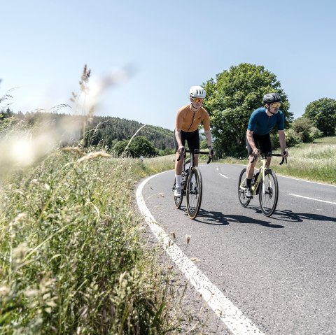 Twee fietsers rijden over een kronkelende landweg door een groen landschap in de Eifel. De lucht is helder en blauw., © Eifel Tourismus GmbH, Dennis Stratmann