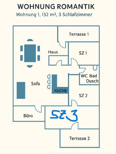 Un plan de l’appartement « Romantique » de 132 m². L’appartement dispose de trois chambres, d’une cuisine, d'un bureau et de deux terrasses.