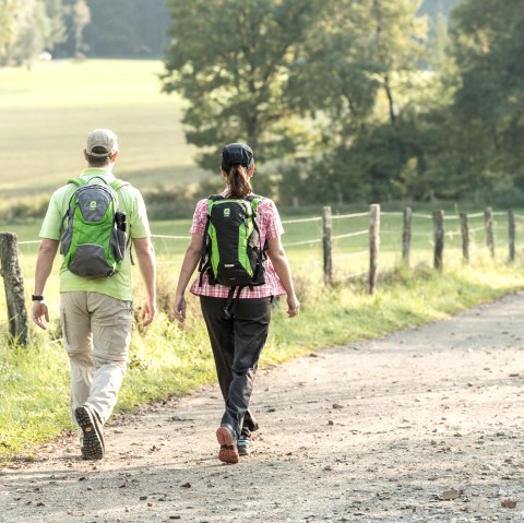 Zwei Personen wandern auf einem ländlichen Weg in der Eifel. Sie tragen Rucksäcke und sind von grüner Landschaft umgeben., © Eifel Tourismus GmbH, Dominik Ketz