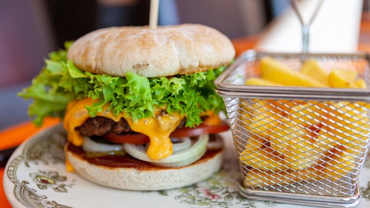 Ein saftiger Burger mit Salat, Käse, Tomaten und Zwiebeln auf einem Teller. Daneben eine Portion Pommes in einem Metallkorb.