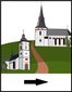 Illustration von zwei Kirchen auf einem Hügel mit einem Weg und einem Pfeil nach rechts.