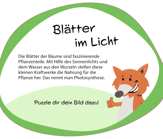 Information sign &lsquo;Leaves in the Light&rsquo; with fox mascot