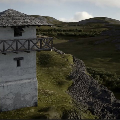 Visualisatie van een oude toren op een heuvel omgeven door een heuvelachtig landschap