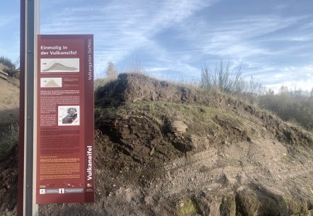 Information board in the Vulkaneifel on the topic of &lsquo;Unique in the Vulkaneifel&rsquo; with multilingual texts and illustrative graphics. Next to it are volcanic earth layers.