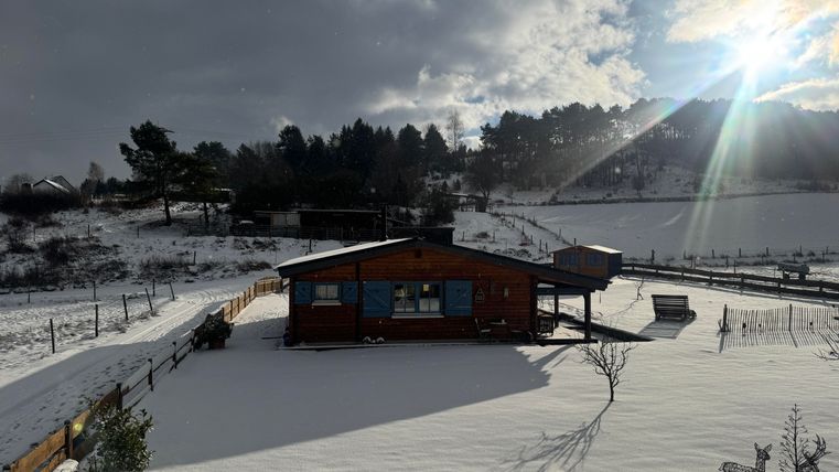 Ein gemütliches Holzhaus im Schnee, umgeben von einer winterlichen Landschaft. Die Sonne strahlt durch die Wolken und sorgt für eine malerische Atmosphäre.