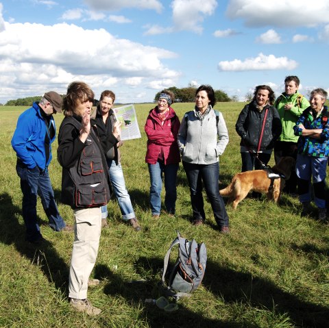 A group of about 9 people stand in a large meadow and look at a woman. The lady holds documents in her hand and explains something to the group.