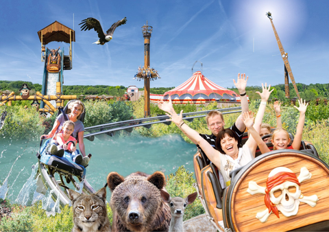 Mehrere Personen in Fahrgeschäften und Attraktionen im Eifelpark Gondorf