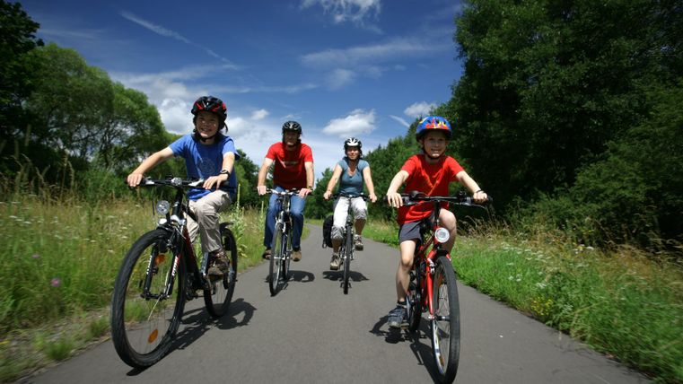 Vier Personen fahren auf einem Radweg durch eine grüne Landschaft.