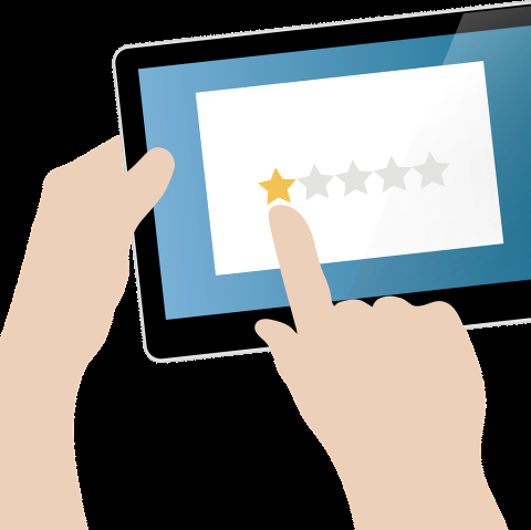 Grafik zweier H&auml;nde, die ein tablet halten und darauf auf eine 1 von 5 Sterne Bewertung zeigen.
