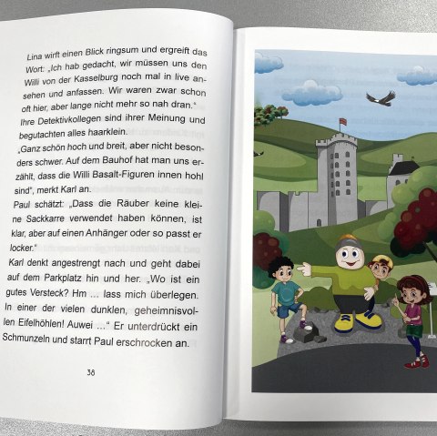 Aufgeschlagene Buchseiten eines Kinderbuchs mit einer Seite Text und einer Illustration auf der anderen Seite.