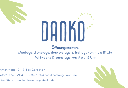 Logo van boekhandel Danko met openingstijden, adres, contactgegevens en website.