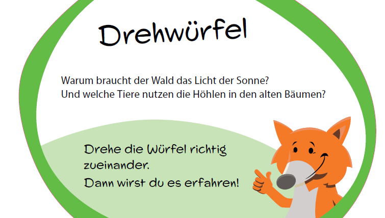 Informationsschild "Drehwürfel" mit Fuchs-Maskottchen.