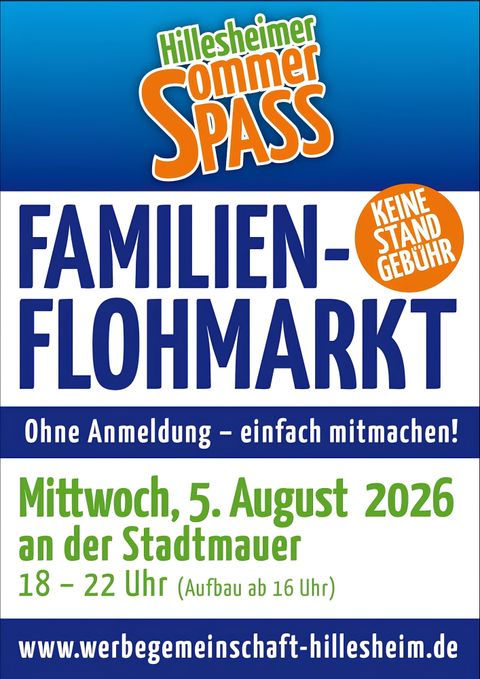 Ein farbenfrohes Plakat für einen Familienflohmarkt in Hillesheim. Es findet am 5. August 2026 statt, ohne Standgebühr und ohne Anmeldung.