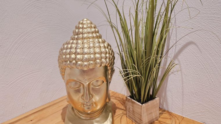 Une tête de Bouddha dorée se trouve à côté d'une plante verte dans un pot. L'arrière-plan est simple et en bois.