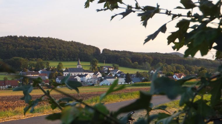 Eine malerische Aussicht auf ein kleines Dorf umgeben von Hügeln und Wäldern. Im Vordergrund sind grüne Blätter zu sehen.