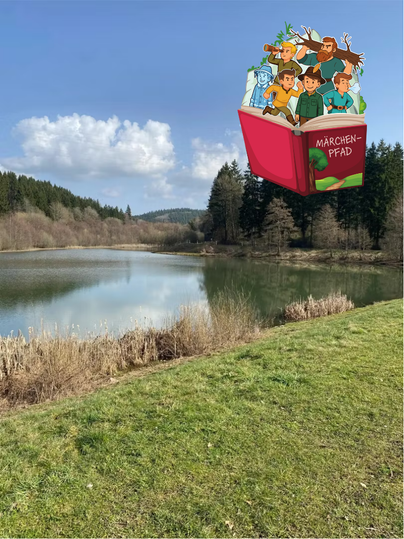 Ein See umgeben von Wiesen. Das Logo des Wanderweges "Märchenpfad" zeigt ein Buch, aus dem Zeichentrickfiguren rausschauen.