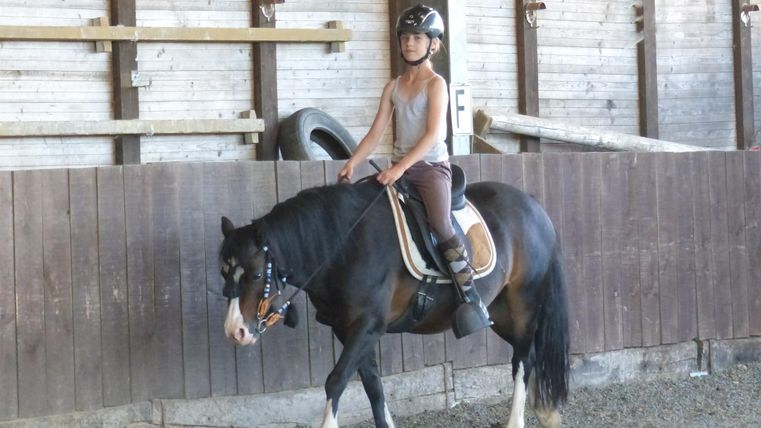 Ein Kind mit Helm reitet auf einem Pony in einer Reithalle. Die Umgebung ist aus Holz und wirkt rustikal.