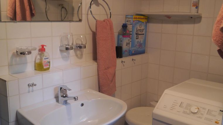 Ein kleines Badezimmer mit einem Waschbecken und einer Waschmaschine. An der Wand hängen Handtücher und Putzmittel sind auf einem Regal sichtbar.