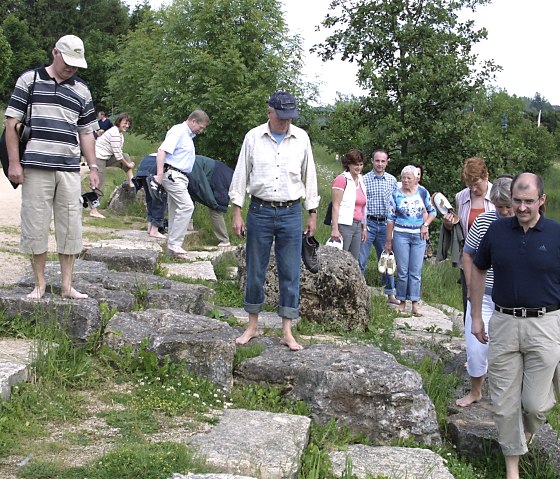 Menschen gehen barfuß über Steine in einem grünen Park. Einige tragen Schuhe in der Hand. Im Hintergrund sind Bäume und ein Weg zu sehen., © Parklandschaft mit Bäumen und einer saftigen Wiese an einem Fußweg neben einem See.