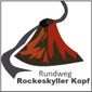 Grafik eines stilisierten Vulkans mit dem Text 'Rundweg Rockeskyller Kopf'.