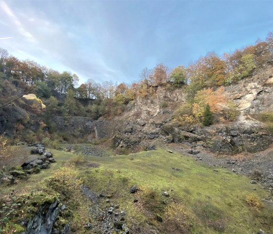 Autumnal landscape with rocks and colorful foliage. Green meadow in the foreground, trees with autumn leaves on the rocks in the background., © Touristik GmbH Gerolsteiner Land