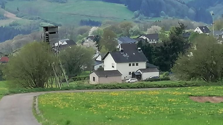 A rural road leads to a small village with several houses. In the background, green meadows and hills can be seen.