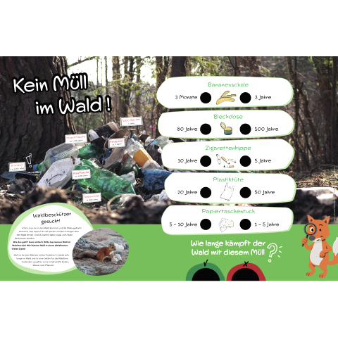 Informationsschild "Kein M&uuml;ll im Wald!" mit Quizfunktion zum Thema Wie lange k&auml;mpft der Wald mit dem M&uuml;ll?
