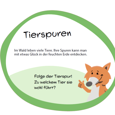 Information sign &quot;Animal Tracks&quot; with fox mascot.