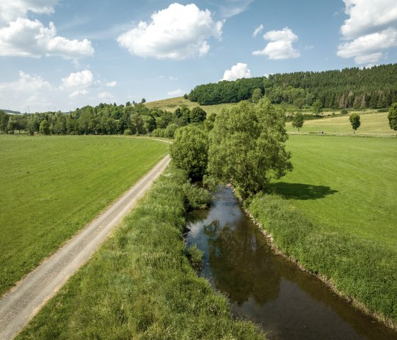 A narrow river flows through green meadows, next to it a dirt track. In the background are hills and trees under a blue sky with clouds., © Eifel Tourismus GmbH, Dominik Ketz