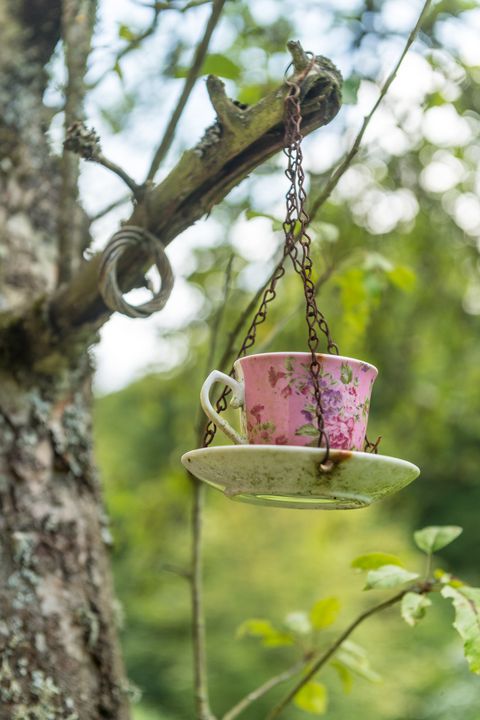 Eine rosa Tasse mit Blumenmuster hängt an einer Kette an einem Ast.