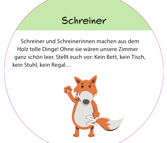 Informationsschild "Schreiner" mit Fuchs-Maskottchen.