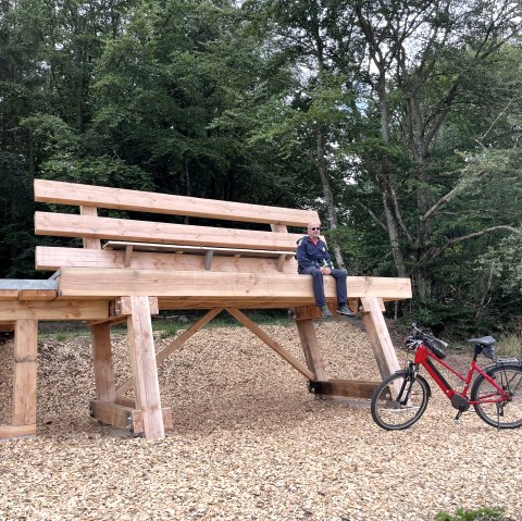 A huge wooden bench in the forest with a person on it. A red bicycle stands next to it on wood chips., © Touristik GmbH Gerolsteiner Land