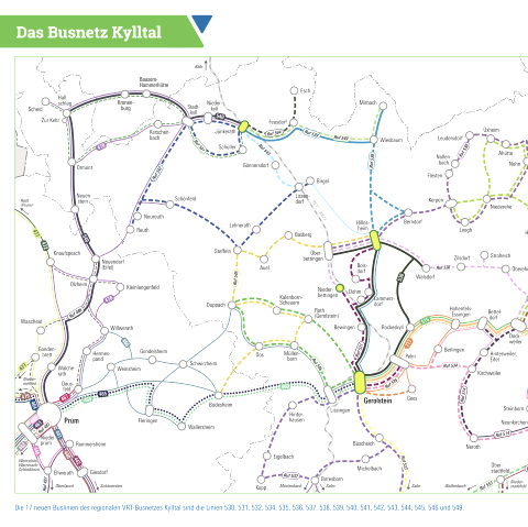 Ein Kartenausschnitt des Kylltals mit allen in dieser Region liegenden Orten. Darin eingezeichnete und bunt hervorgehobene Buslinien verbinden die Orte miteinander.