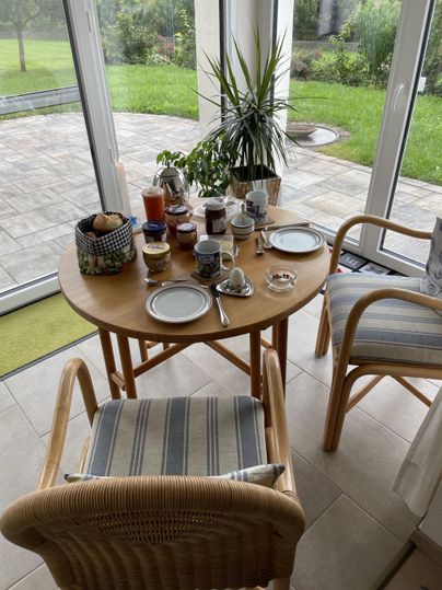 Ein gedeckter Tisch mit Tellern, Tassen und Getränken steht in einem hellen Raum. Im Hintergrund sind grüne Pflanzen und ein Fenster mit Blick auf den Garten.