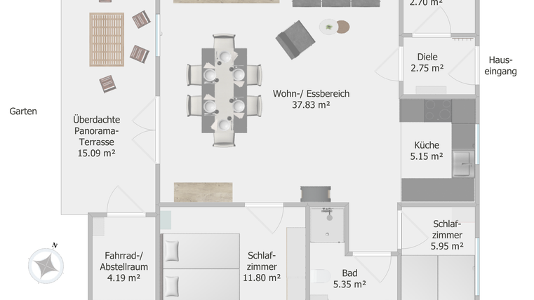 Ein Grundriss eines Hauses mit mehreren Zimmern. Es zeigt einen Wohn- und Essbereich, eine Küche, Schlafräume und einen Garten.