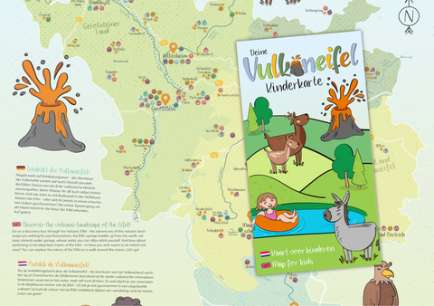 Titelseite der bunt iluustrierten "Vulkaneifel Kinderkarte" und Ausschnitt der Karte mit Fokus auf die Orte Stadtkyll, Hillesheim und Gerolstein.