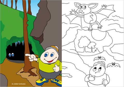 Bunt illustrierte Seite des Malbuchs mit Titel "Mit Willi Basalt durchs Gerolsteiner Land" und daneben einer weißer Ausmalseite.