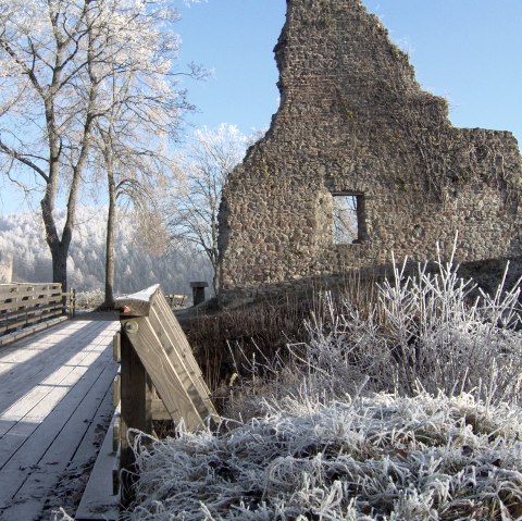 Eine nur noch in Teilen erhaltene Burgruine umgeben von vereisten Bäumen und Sträuchern. Ein Holzsteg führt zur Burg.